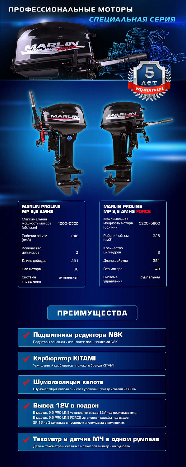 Лодочный мотор MARLIN PROLINE MP 9.9 (20) AMHS FORCE в Екатеринбурге